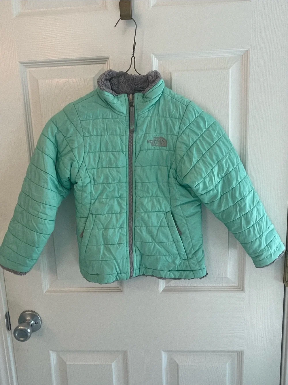The North Face Girls' Teal Puffer Jacket with Gray Trim
